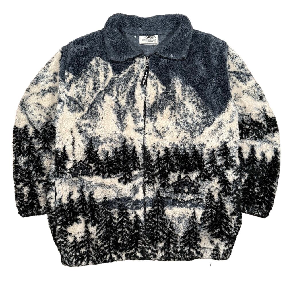 Vintage Black Mountain AOP Outdoor Fleece Jacket Mountain Cabin Scene Small